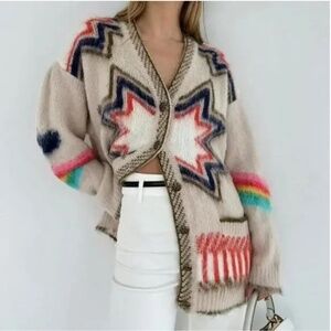 Commense Caesars Palace Cardigan, Beige & Multi Size S
